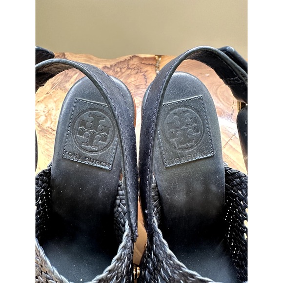 EUC Tory Burch Widdianne Woven Navy Blue Leather Platform Clogs size 5.5 (012) - Picture 5 of 5
